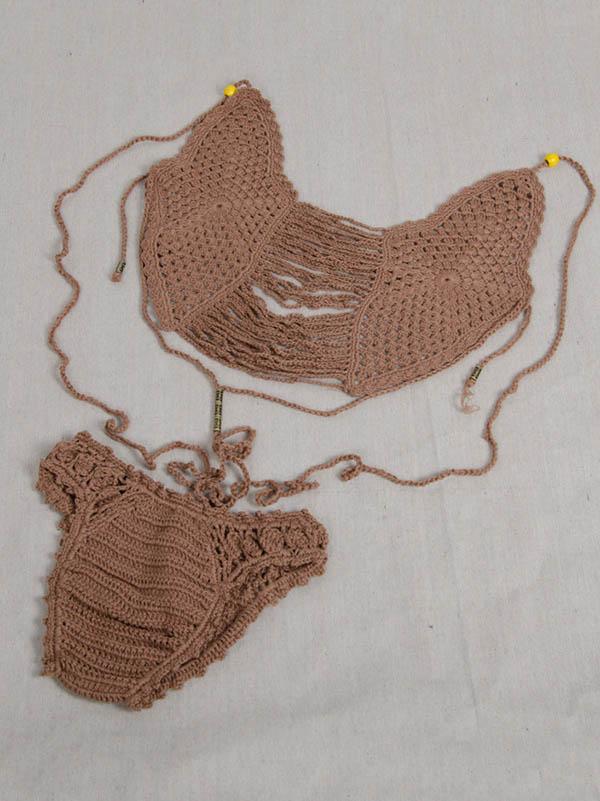 Crochet Hollow  Backless Split Bikini Swimsuit