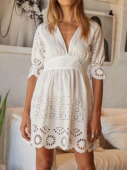 V-neck Hollow Embroidered Mini Dress