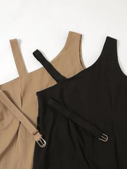Casual Ramie Cotton Solid Color Belted V-Neck Sleeveless High-Waist One-Shoulder Strap Dress