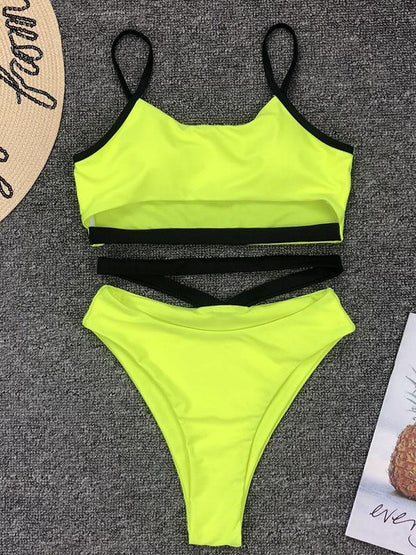 Spaghetti-neck Fluorescein Bikini Swimsuit
