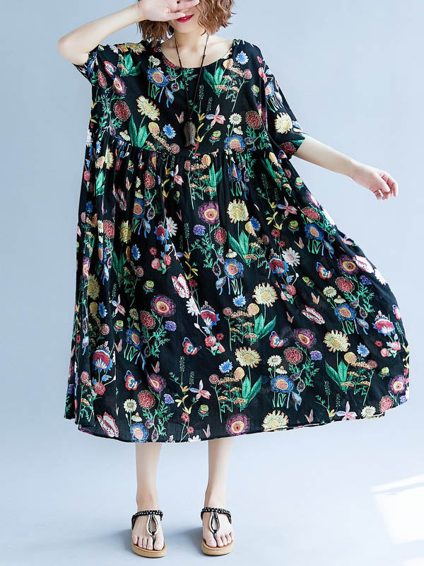Vintage Loose Pleated Floral Printed Short Sleeves Midi Dress