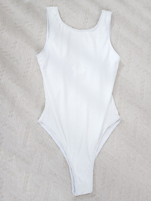 Solid Color Ribbed Simple Style One-Piece Swimwear