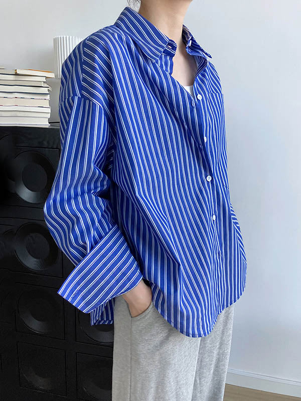 Chic Simple Striped Buttoned Split-Joint With Pocket Lapel Collar Long Sleeves Blouse