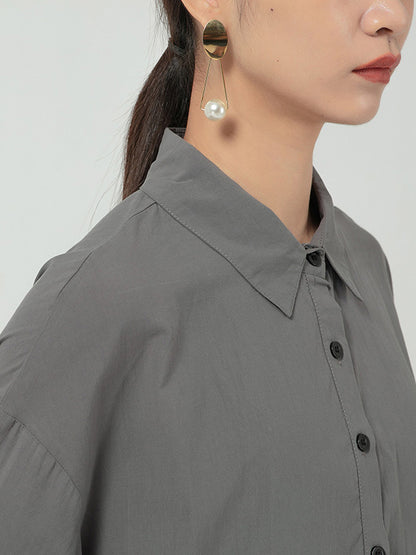 Casual Solid Color Buttoned Pleated Lapel Collar Long Sleeves Midi Dress