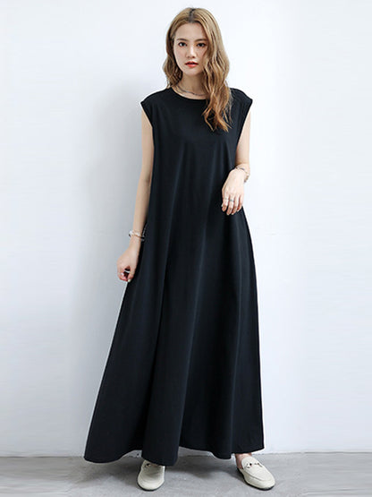 Simple Solid Color Oversized A-Line Round-Neck Cap Sleeves Maxi Dress