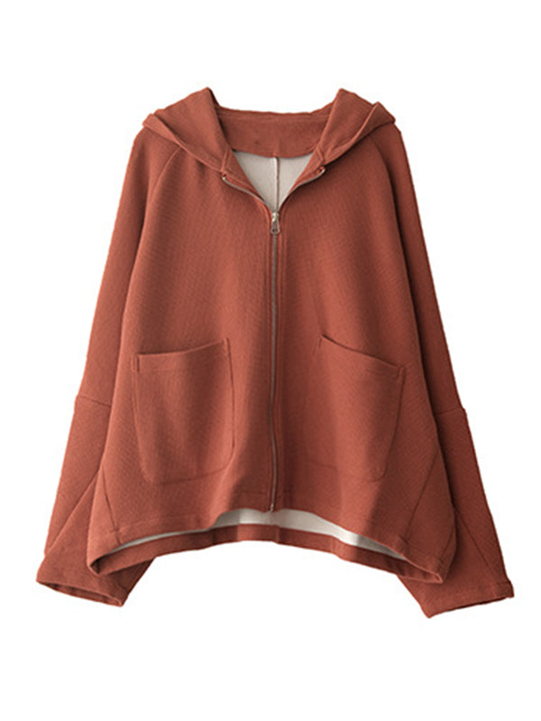 Casual Loose Solid Color Hooded Split-Joint Zipper Outerwear