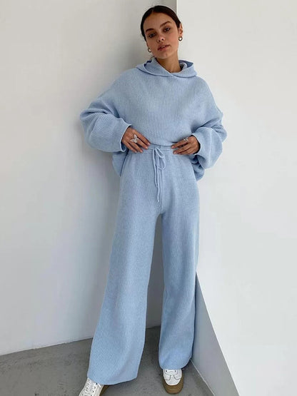 Simple Casual Solid Color Knitted Hoodies+Knitted Elasticity Wide Leg Pants 2 Pieces Set