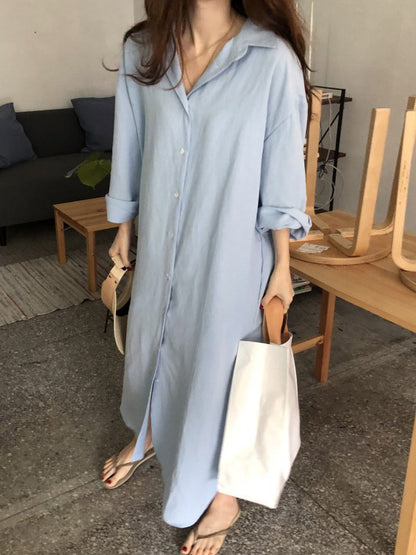 Simple Loose Casual Solid Color Buttoned Split-Side Lapel Collar Long Sleeves Midi Shirt Dress