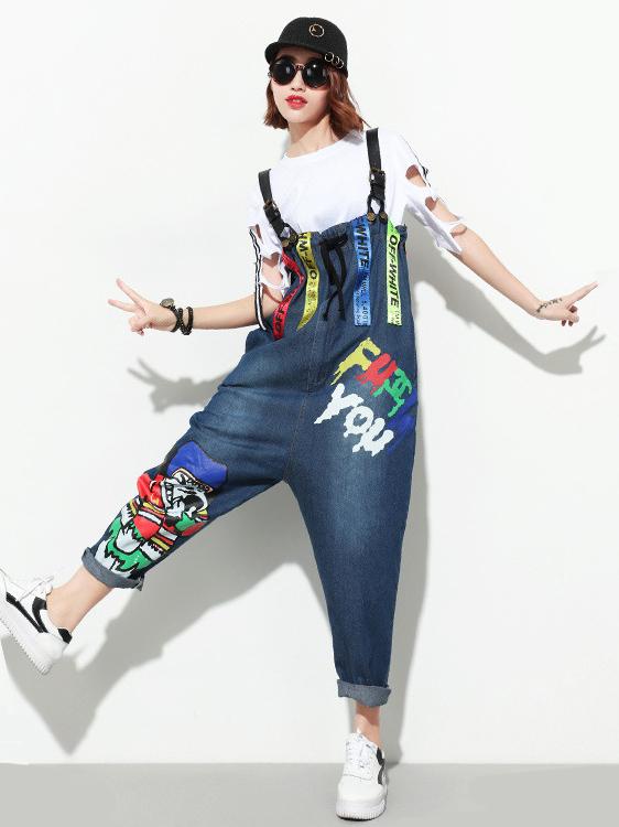 Loose Printed Jeans Jumpsuit