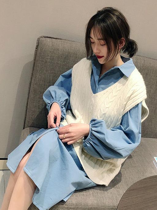 See-through Loose Solid Bloomers Shirt Mini Dresses