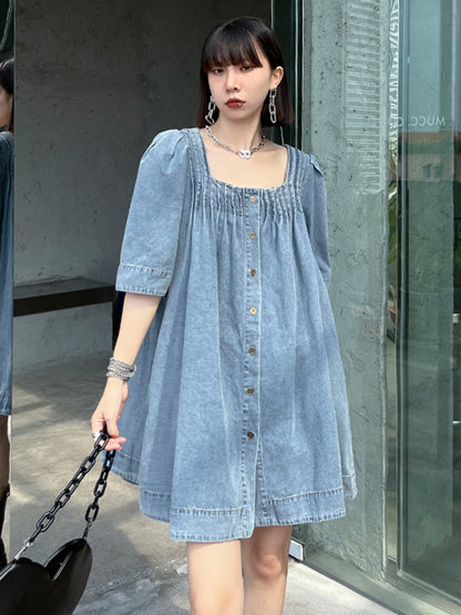 Stylish Denim Blue Pleated Square-Neck Half Sleeves H-Line Mini Dress