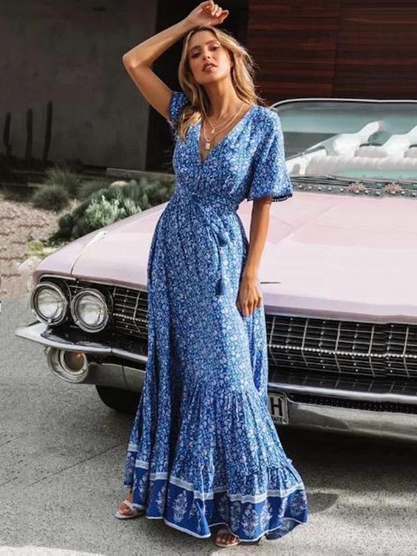 Printed V-neck Maxi Dresses