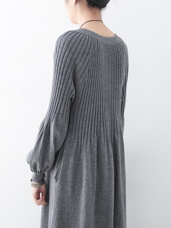 Solid Puff Sleeves Elastic Waist Sweater V-Neck Dress