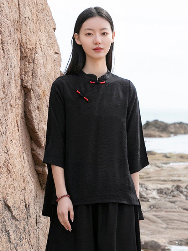 Vintage Tencel Buttoned Stand Collar High-Low Half Sleeves T-Shirt