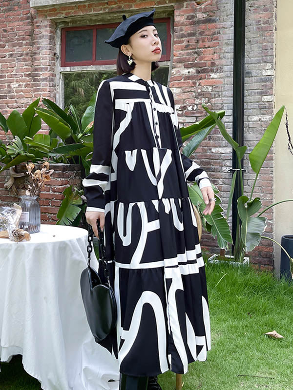 Loose Stand Collar Printed A-Line Midi Dress