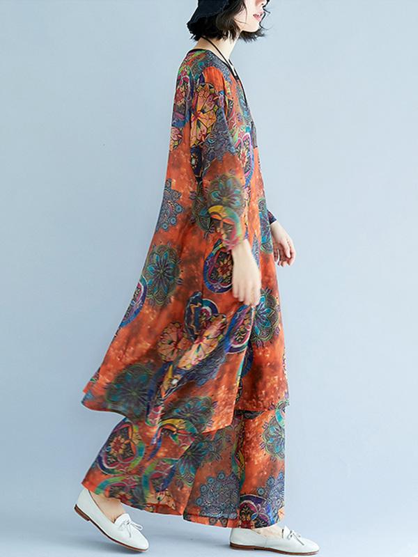 Loose Chiffon Floral Printed Long Shirt+Pants Suits