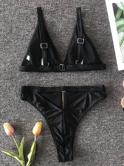 Solid Color Triangles Split Bikini Swimsuit