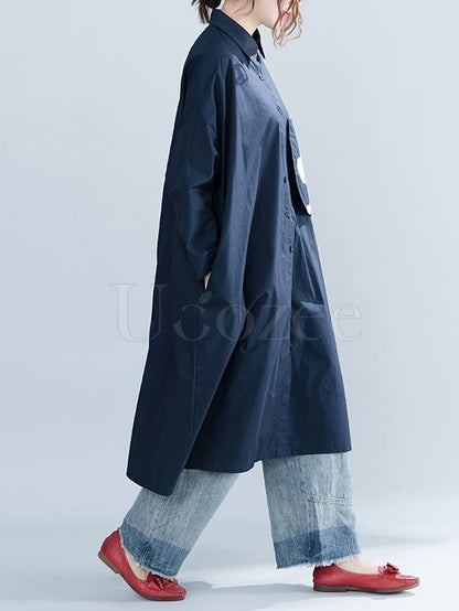 Navy-blue Loose Lapel Cat Print Blouse Dress