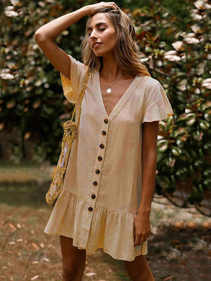 Simple Falbala Hem V-neck Mini Dress