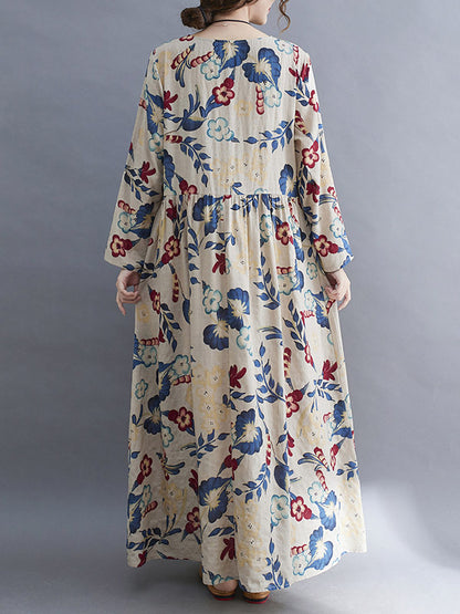 Casual Ramie Cotton Floral Printed Round-Neck Long Sleeves Over Size Maxi Dress