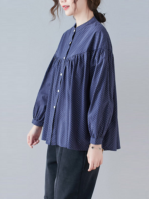 Casual Polka-Dot Buttoned Pleated Lapel Collar Long Sleeves Blouse