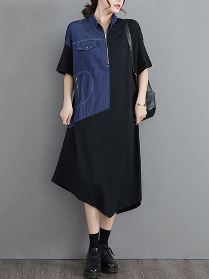 Casual Irregular Split-Joint Half Sleeves Lapel Collar Midi Shirt Dress