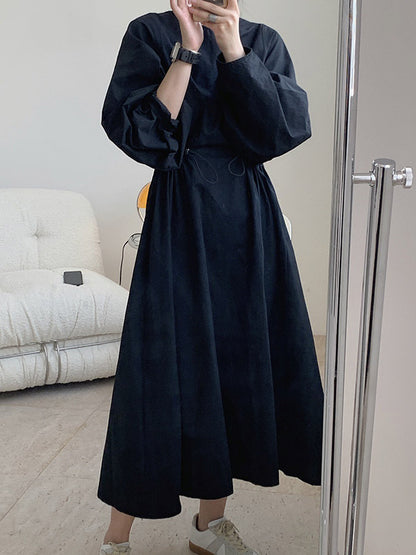 Simple Solid Color Round-Neck Pleated Long Sleeves Midi Dress