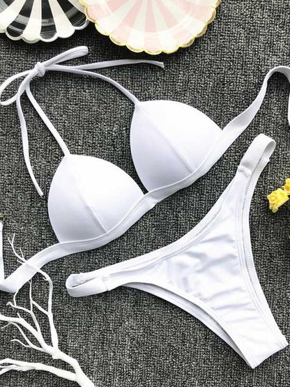 Plain Halter Narrow Straps Cami Bikini Swimsuit