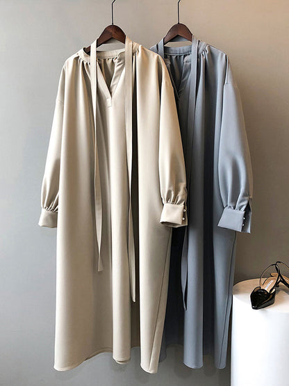 Urban Simple Solid Color Pleated Tied V-Neck Long Sleeves Midi Dress