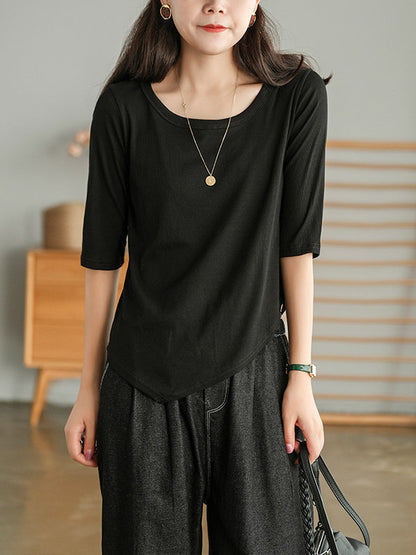 Simple Asymmetric Irregular Clipping Round-Neck Short Sleeves T-Shirt