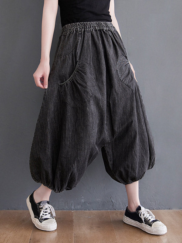 Loose Casual Elasticity High-Waist Wide Legs Jean Pants Knickerbockers