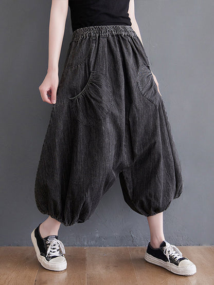 Loose Casual Elasticity High-Waist Wide Legs Jean Pants Knickerbockers