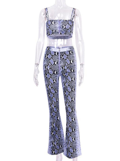Snake Printed Front Zip Tanks Pants Suits