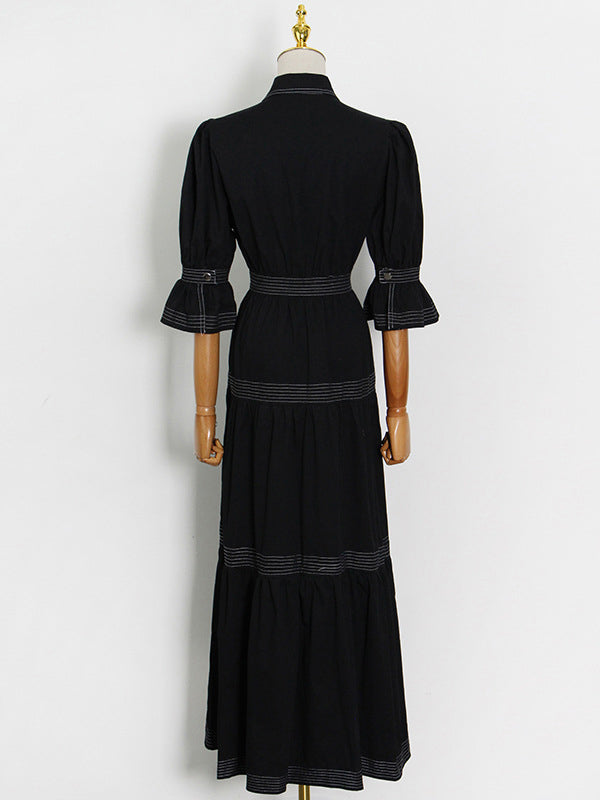 Original Lapel Split-Joint Buttoned Bishop Sleeve Maxi Dress