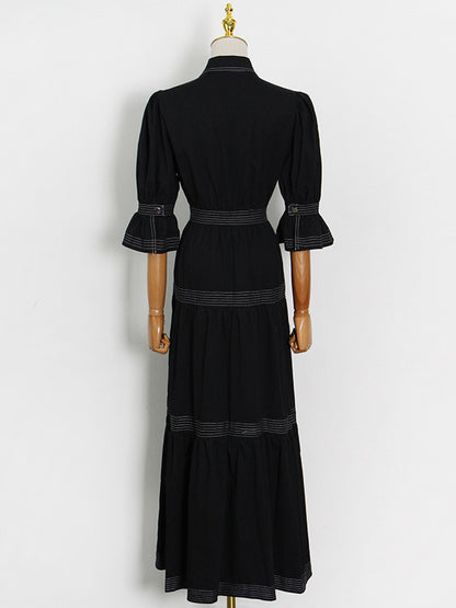 Original Lapel Split-Joint Buttoned Bishop Sleeve Maxi Dress