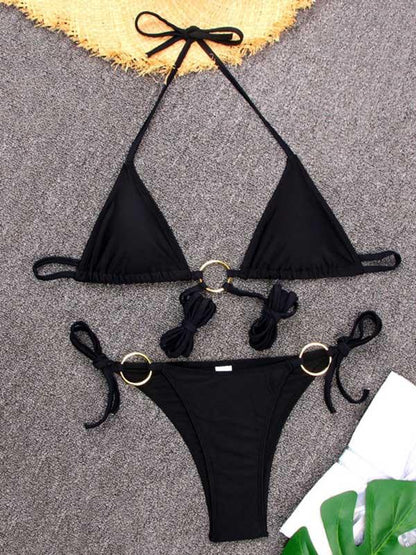 Triangles Bandage Metal Ring Split Bikini Swimsuit