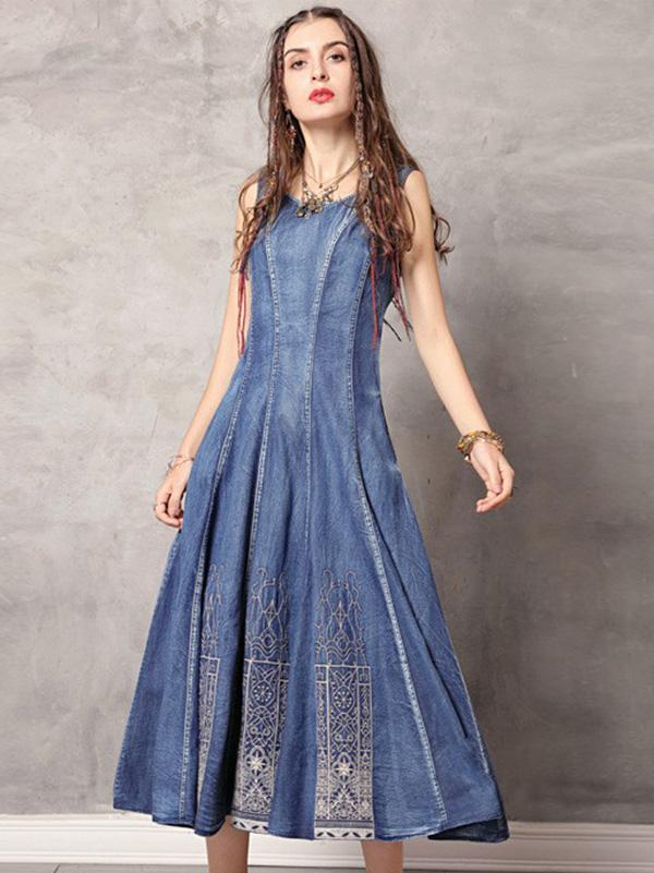 2019 Summer New Vintage Embroidery Denim Dress