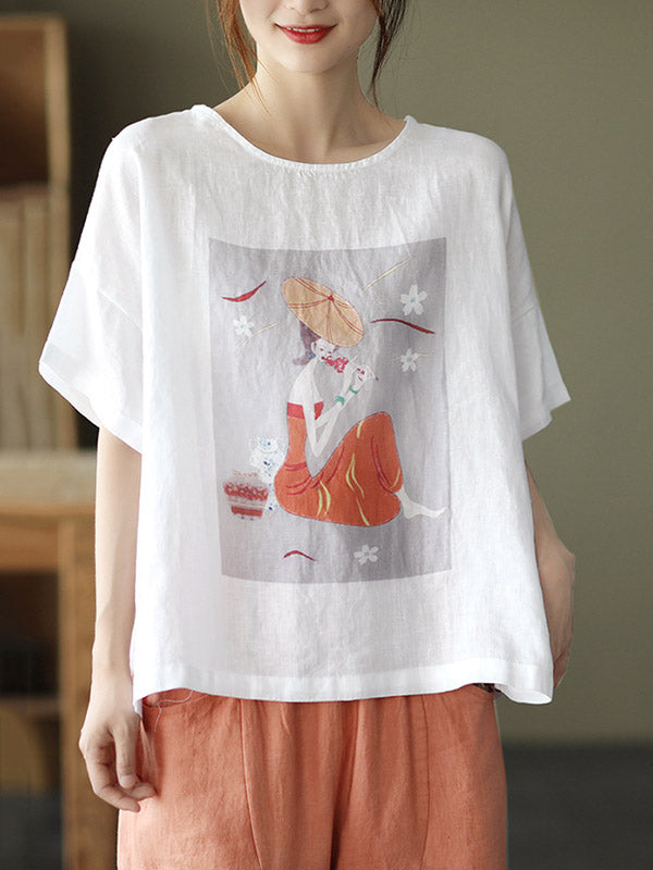 Ramie Cotton Printing Round-Neck T-Shirts Tops