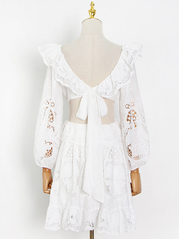 Fashion Solid Color Backless Hollow Lace V-Neck Bishop Sleeve Mini Dress