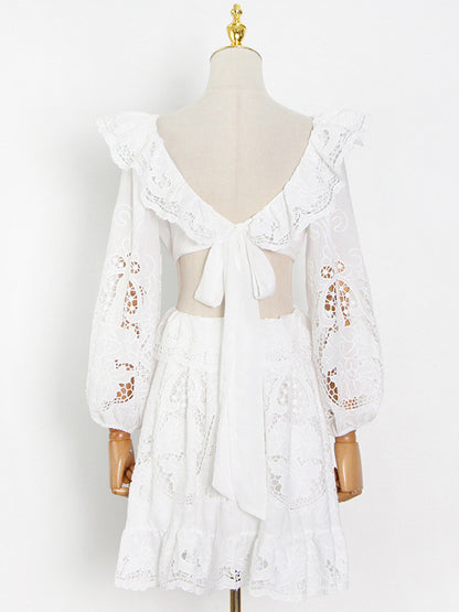 Fashion Solid Color Backless Hollow Lace V-Neck Bishop Sleeve Mini Dress