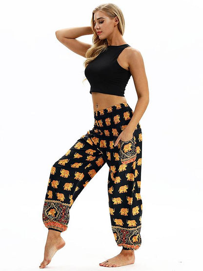 Floral Printed Elastic Waist Wide Leg Casual Pants
