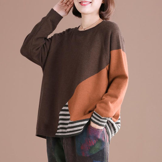 Buykud Multi-color Stitching Casual Pullover Autumn Sweater