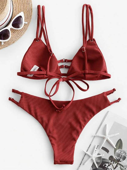 Solid Color Triangle Bandage Split Bikini Swimsuit
