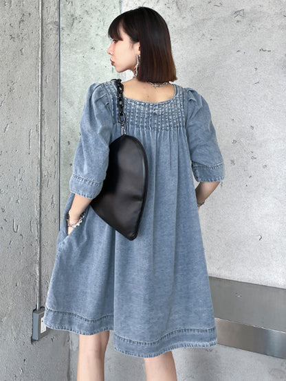 Stylish Denim Blue Pleated Square-Neck Half Sleeves H-Line Mini Dress