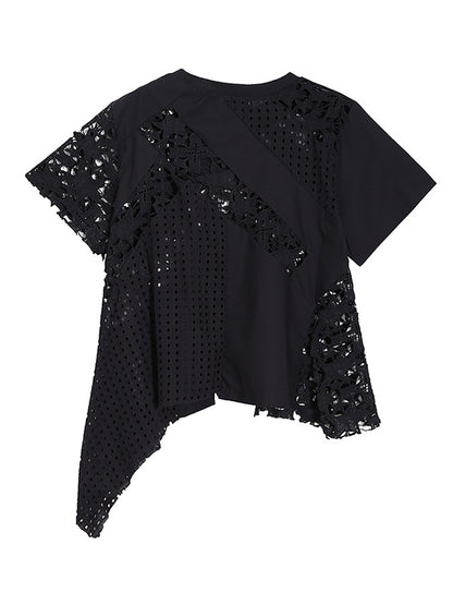 Irregular Hollow Lace Solid Color Round-Neck Short Sleeves T-Shirt Tops