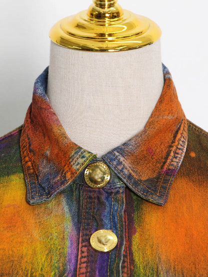 Fashion Denim Tie-Dyed Long Sleeves Buttoned Outerwear