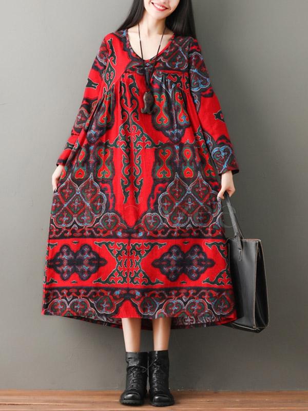 Vintage Floral Ramie Cotton V-neck Maxi Dress