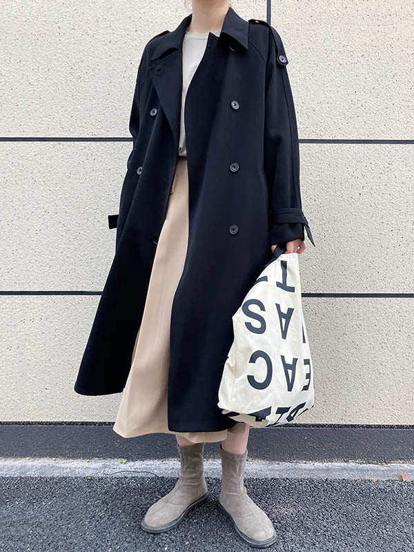 Chic Solid Color Buttoned Tied Notched Collar Long Sleeves Trench Coat