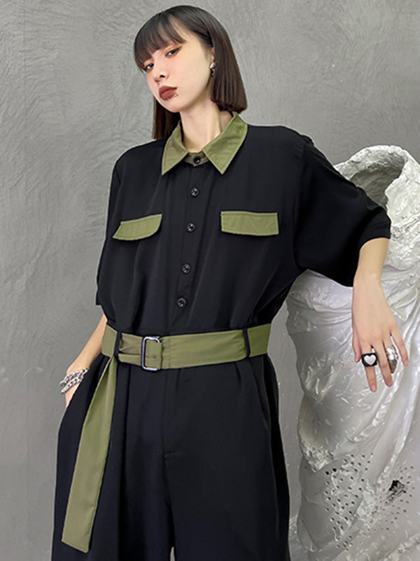 Stylish Belted Polo Collar Half Sleeve High-Waisted Jumpsuits