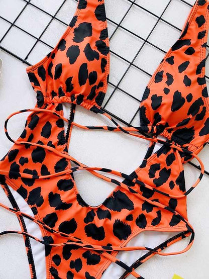 Leopard Hollow Lace Up One Piece Swimsuit